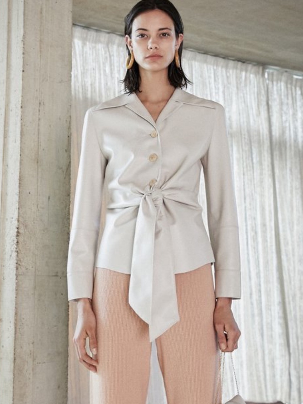 Nanushka Poppy Tie Front Vegan Leather Shirt in Beige Cream Small $395